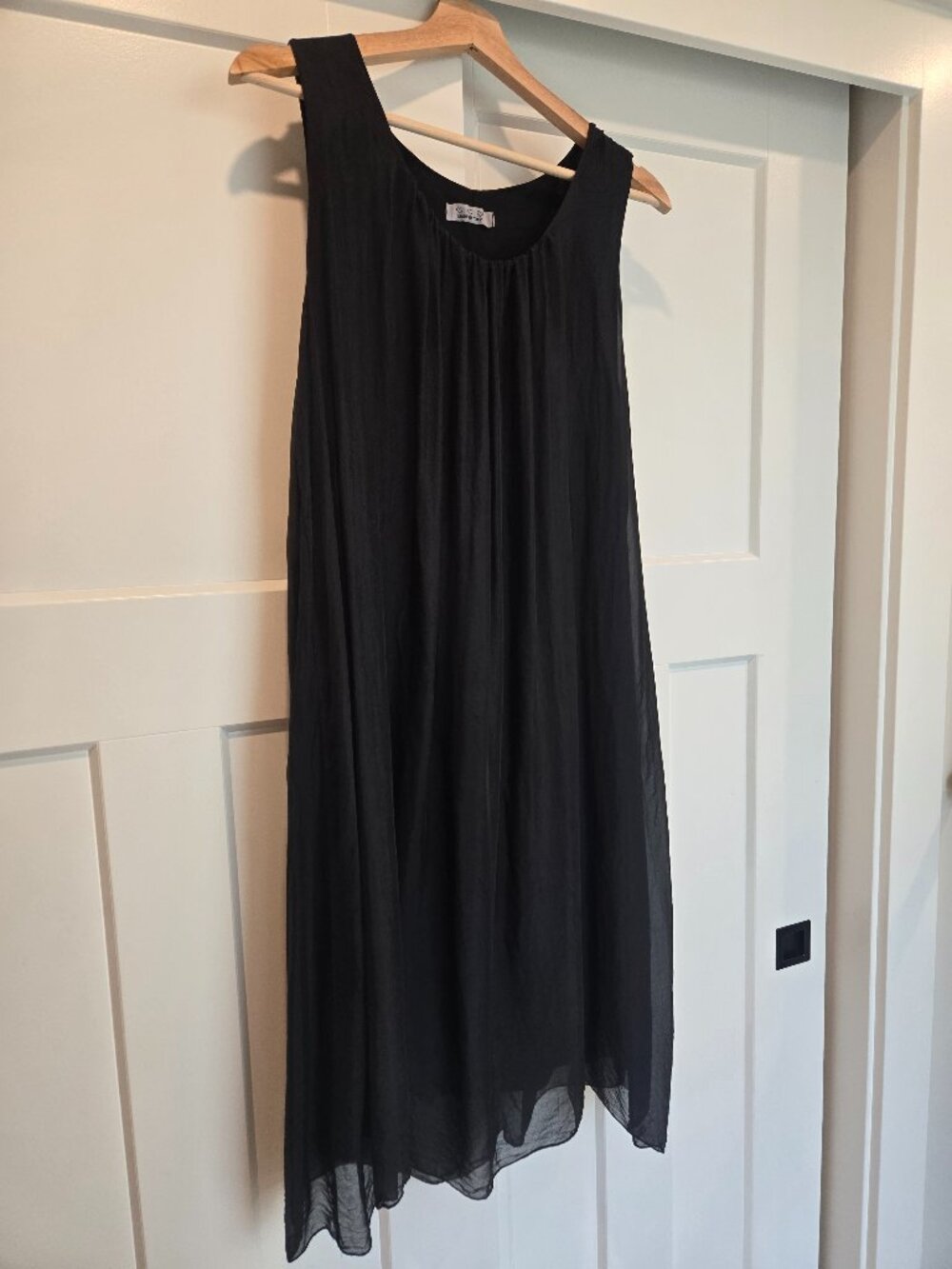 Sleeveless silk gathered scoop neck midi dress
